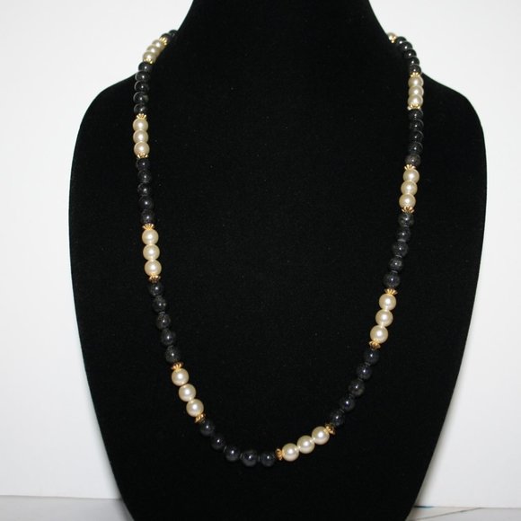 Pearl, black stone and gold necklace vintage 30"